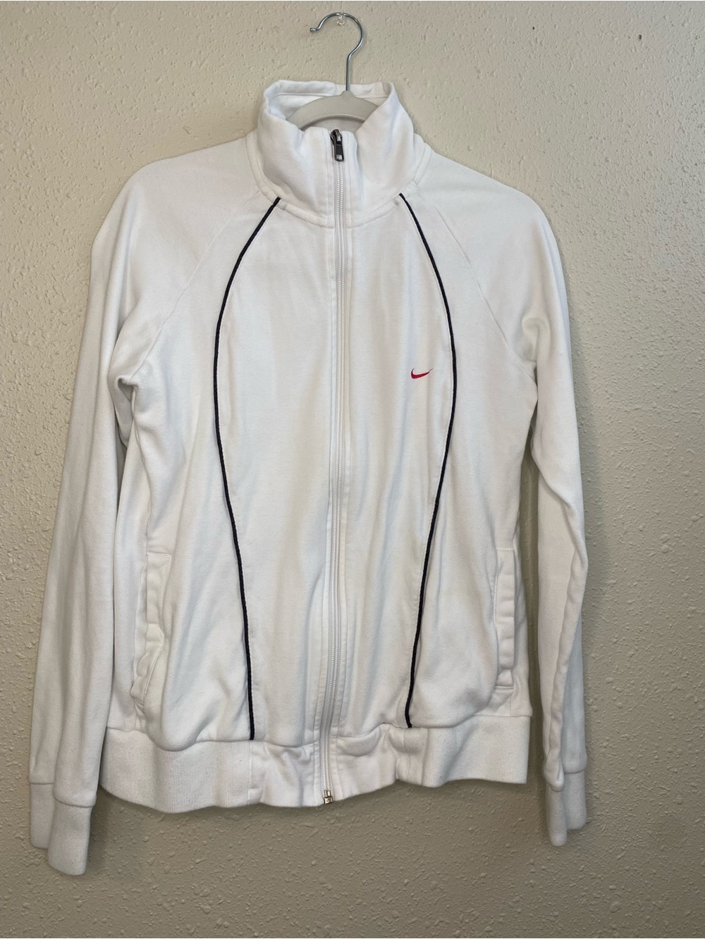Nike White Full Zip Track or Golf Jacket with Black Piping and Red Swoosh